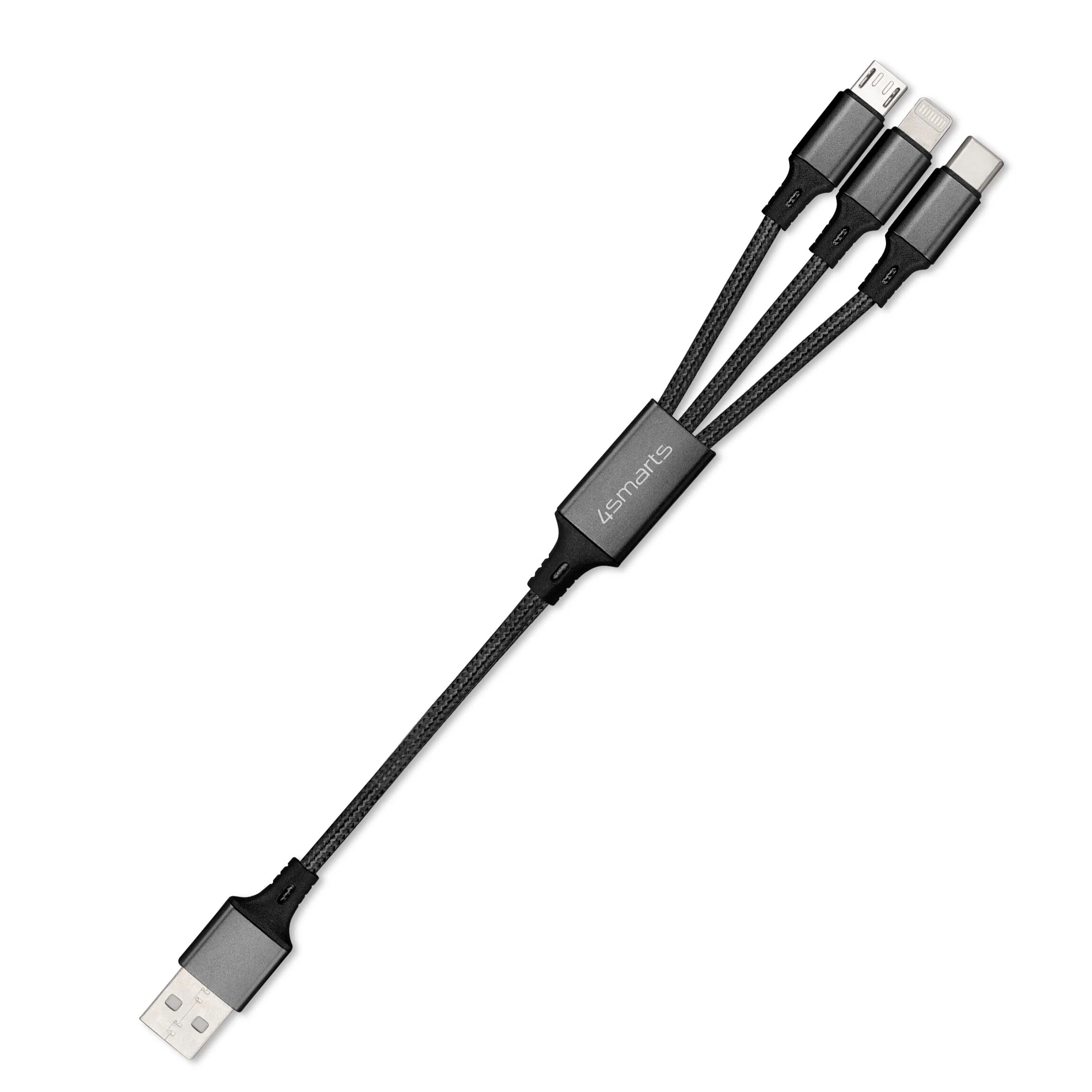 4smarts 3in1 12W ForkCord Kabel - Lightning / USB-C / Micro USB 20cm - Sort
