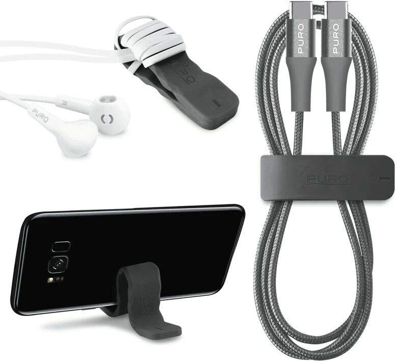 Puro (3A/15W) USB2.0 - USB-C til USB-C Stof Kabel m. Magic Clip 100 cm. Grå'