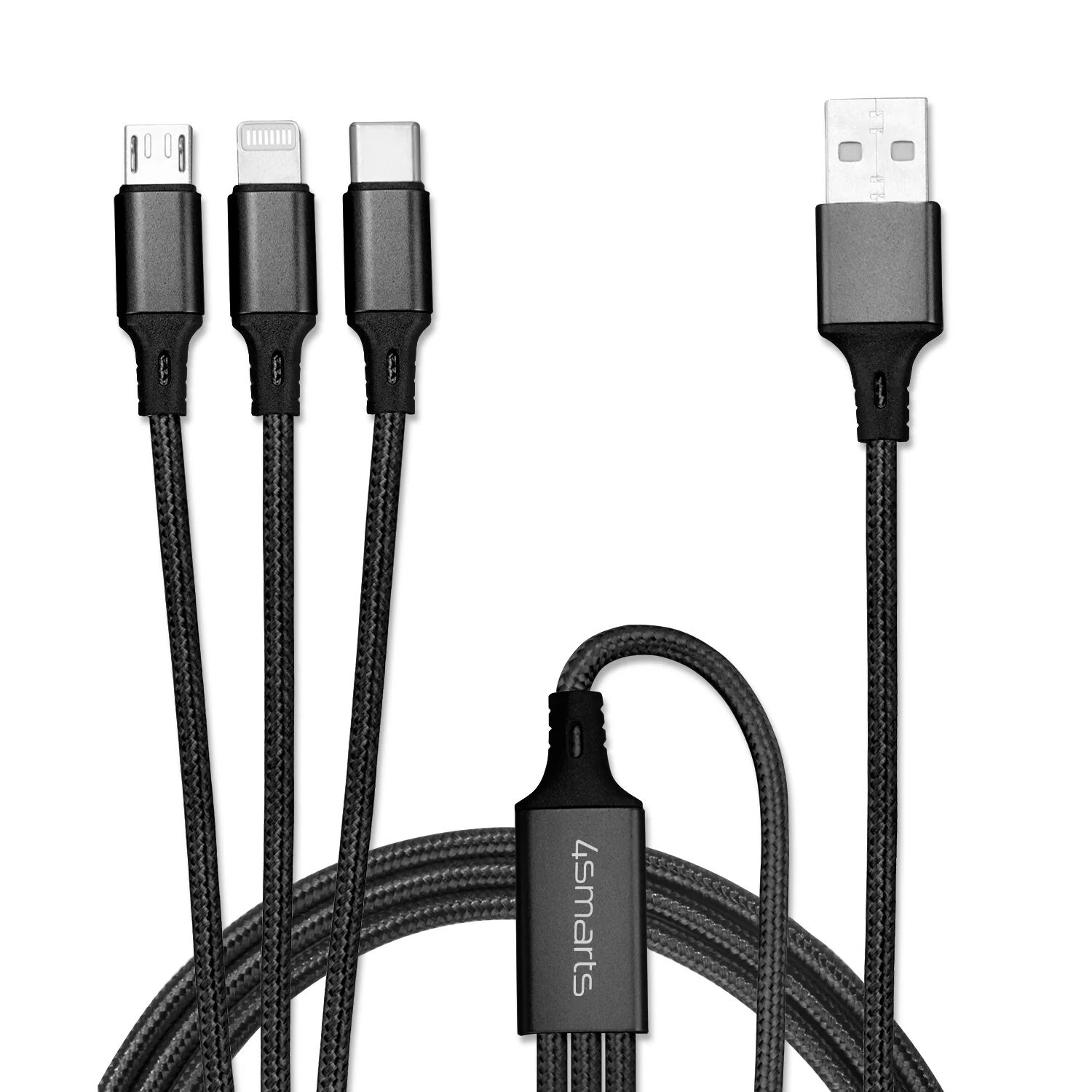 4smarts 3in1 12W ForkCord Kabel - Lightning / USB-C / Micro USB 100cm - Sort