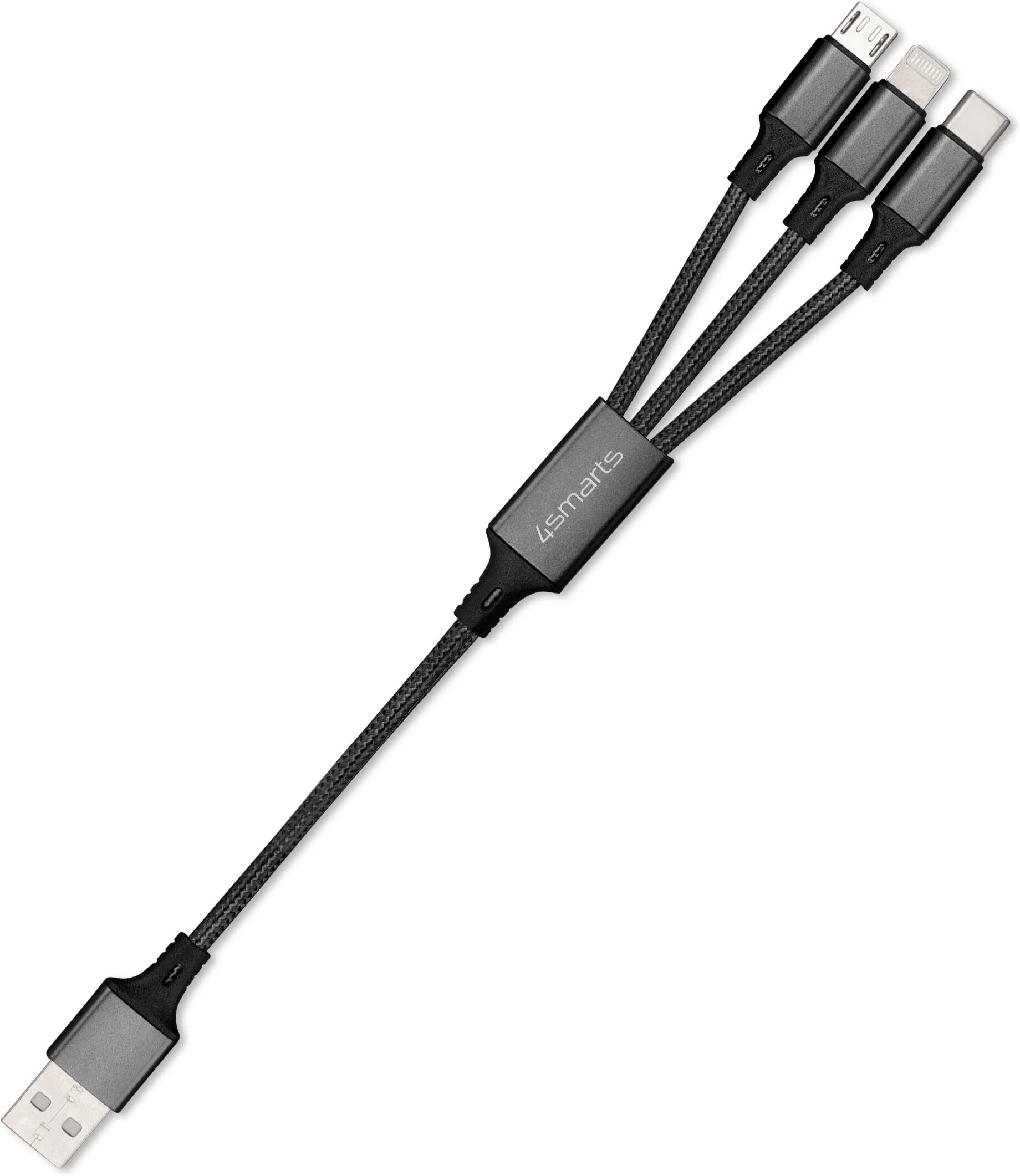 4smarts 3in1 12W ForkCord Kabel - Lightning / USB-C / Micro USB 20cm - Sort