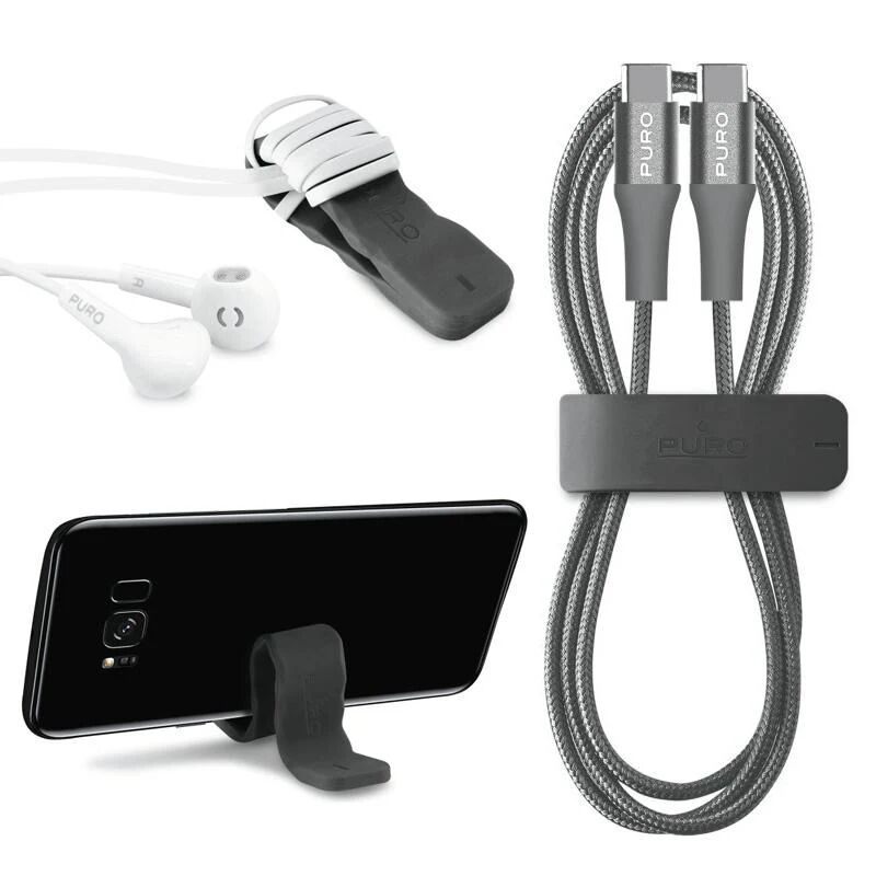 Puro (3A/15W) USB2.0 - USB-C til USB-C Stof Kabel m. Magic Clip 100 cm. Grå