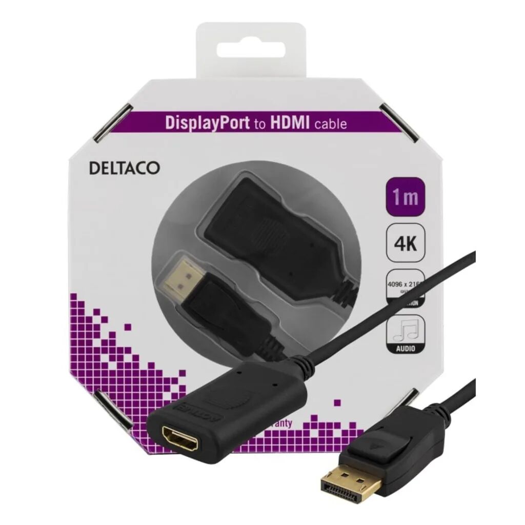 Deltaco DisplayPort till HDMI-kabel, aktiv, 4K i 60Hz, 1m, svart