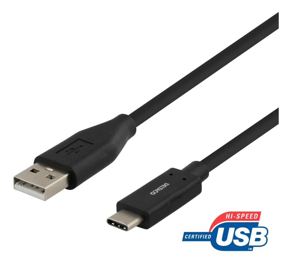 Deltaco USB-A till USB-C kabel, 1m, 3A, USB 2.0, svart