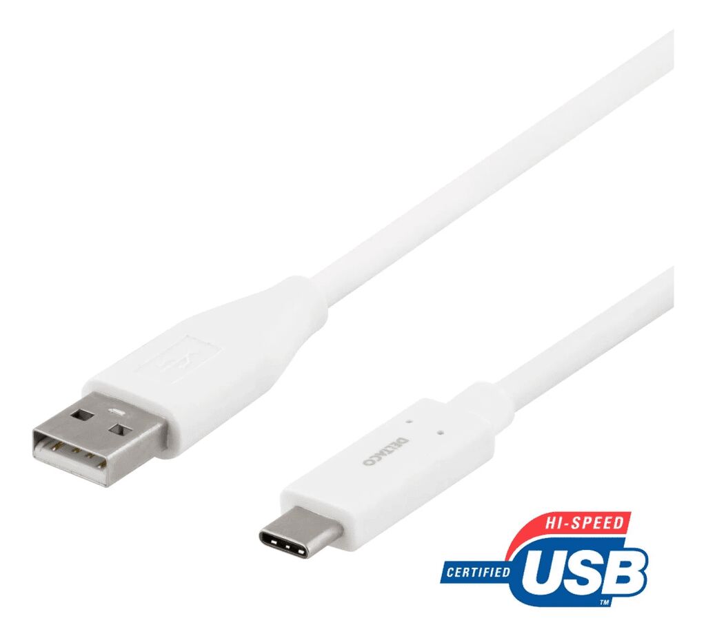 Deltaco USB-A till USB-C kabel, 0,5m, 3A, USB 2.0, vit