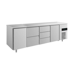 Groju Gastro Kühltisch 2 Türen (links & rechts) 5 Schubladen Umluftkühlung 2330x700x850mm -2/+8°C ISO 50mm