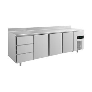 Groju Gastro Kühltisch 3 Türen mittig&rechts 3 Schubladen links Umluftkühlung Aufkantung, 2330x700x850mm -2/+8°C