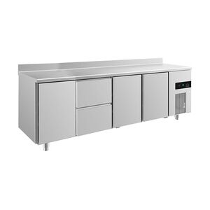 Groju Gastro Kühltisch 3 Türen links&rechts&mittig 2 Schubladen mittig Umluftkühlung Aufkantung, 2330x700x850mm -2/+8°C ISO 50mm