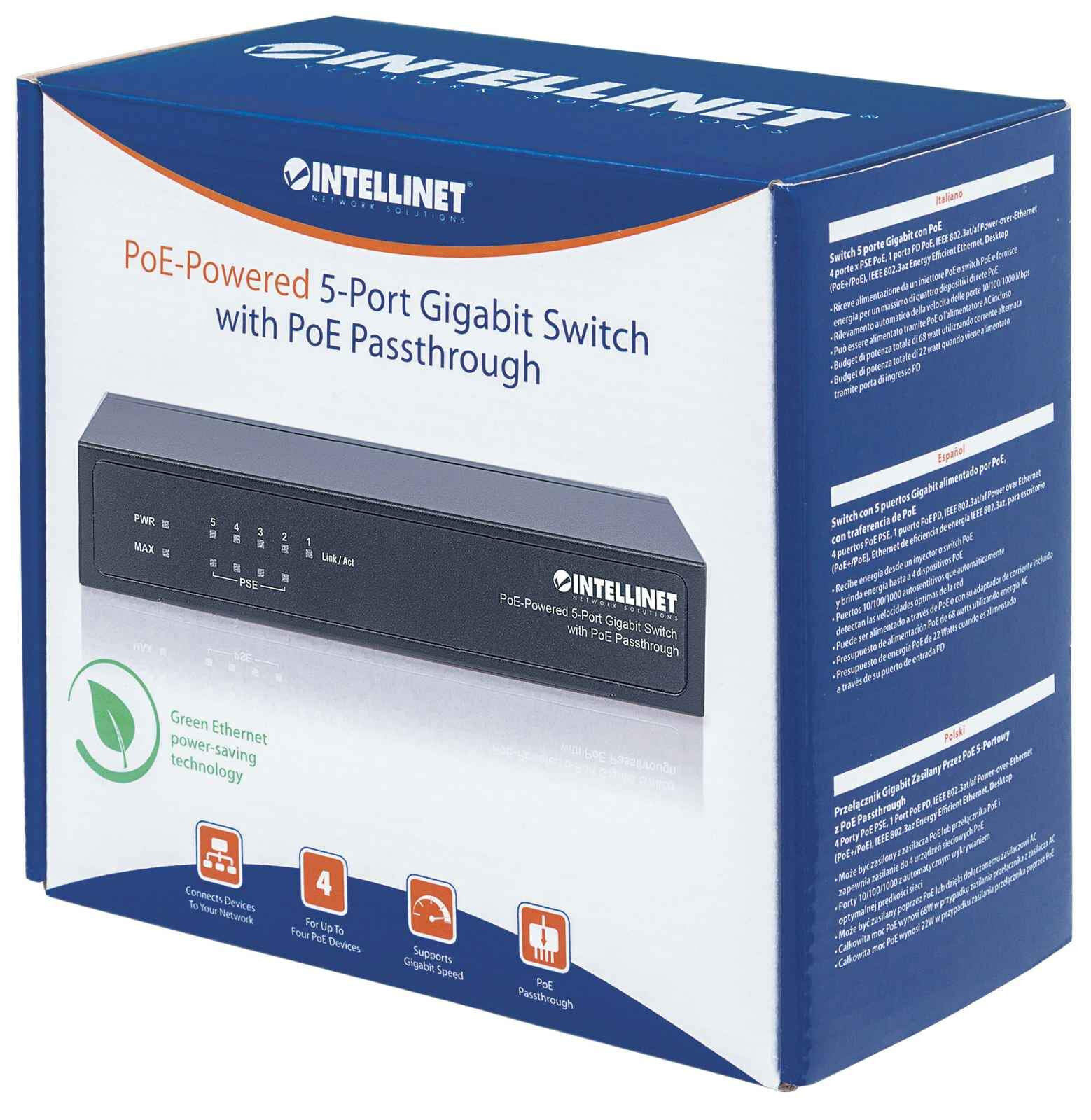 Intellinet 5-portin Gigabit Ethernet PoE+ Passthrough kytkin