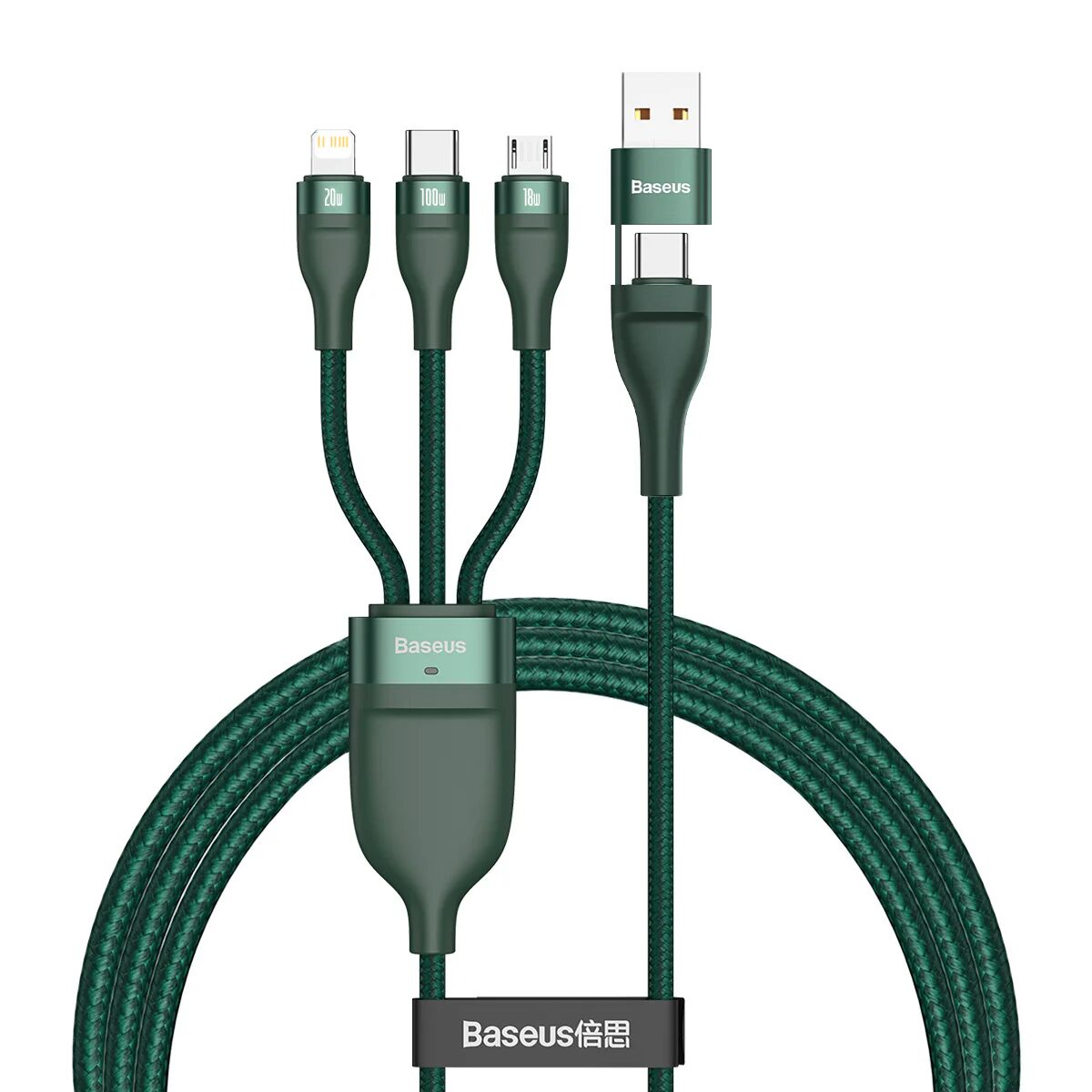 Baseus Flash Series 3-i-2   USB-C / Lightning / Micro USB 100W Kabel 1.2m. - Grøn