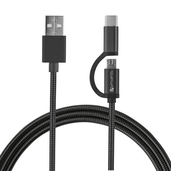 4smarts ComboCord 2-i-1 Kabel (2A/10W) USB2.0 - USB-C / Micro USB Kabel Sort 1 m.