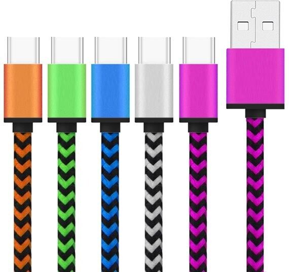 24hshop Solidt stofbeklædt Usb-kabel USB type C med metalhoved - Storpak 5 stk. i forskel