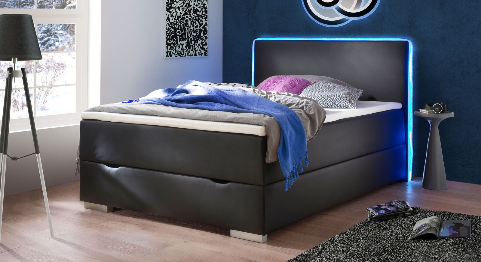 Bettkasten-Boxspringbett schwarz 140x200 cm mit Farb-LEDs - Merwin