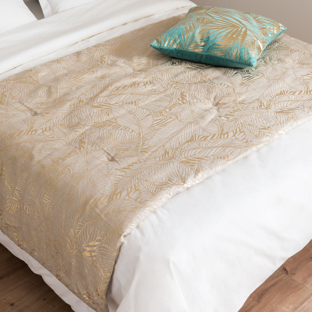 Maisons du Monde Beige sprei met goudkleurige bladerenprint 100 x 200 cm