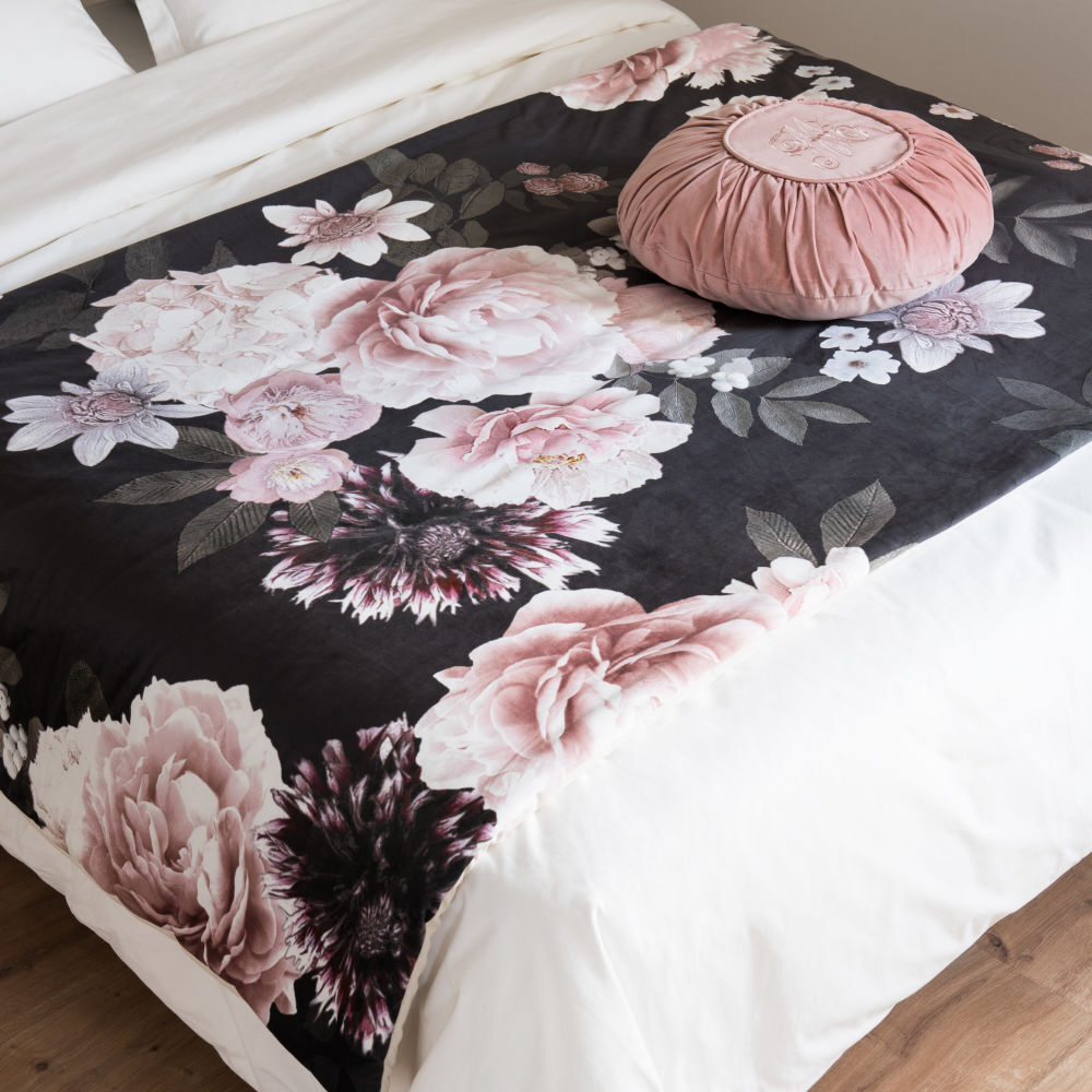 Maisons du Monde Boutis en coton rose et noir motif floral 100x200