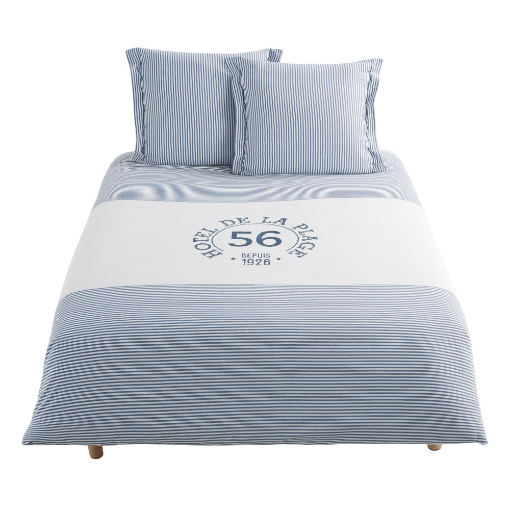 Maisons du Monde Parure de lit en coton blanc motif à rayures bleues 220x240