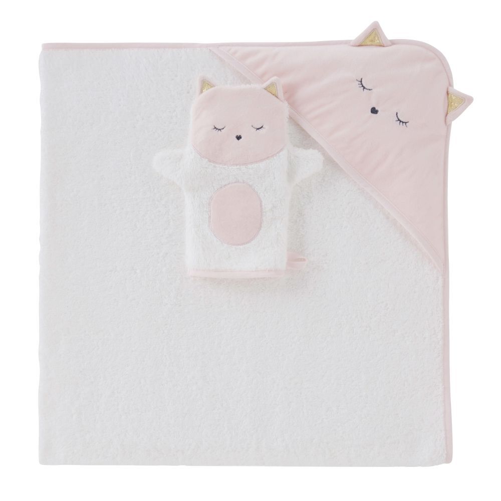 Maisons du Monde Sortie de bain bébé en coton blanc avec tête de chat 100x100