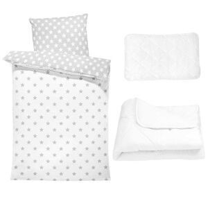 Amazinggirl Babysengesæt: 100x135 cm + sengetøj - børnesengetøj Babysengetøj med pudebetræk 60x40 lavet af bomuld hvid/grå stjerner