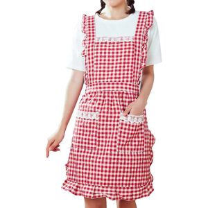 Forklæde Køkken Bageforklæder Vintage Dame Forklæder Red Grid Frilly Forklæder Prinsesse Sød Fødselsdagsgave Bomuld Pinafore Forklæder Til Kvinder Pige Med Lomme