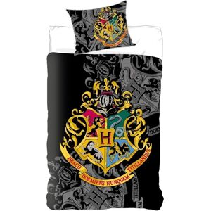 Licens Harry Potter sengetøj - 140x200 cm - Guldfarvet Hogwarts våbenskjold - 2 i 1 design - 100% Bomulds sengesæt