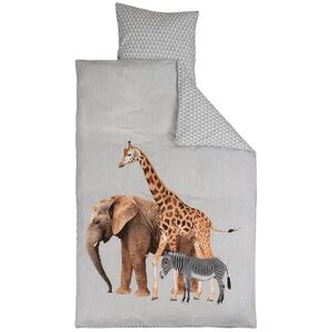Borg Living Sengetøj 140x200 cm - Giraf, elefant og zebra - 2 i 1 sengesæt - 100% Bomuld - Sengetøj børn