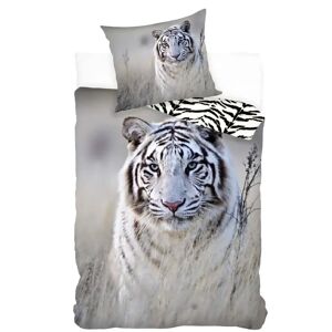 Licens Sengetøj børn - 140x200 cm - Sengesæt med hvid tiger - Vendbar dynebetræk - 100% bomuld