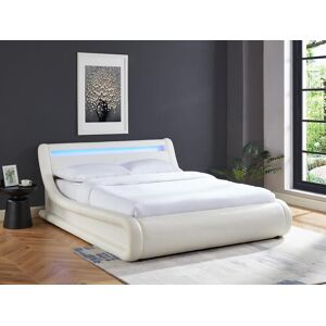 Unique Cama con arcón IRIS - 160x200cm - Piel sintética blanca con LEDs