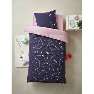 VERTBAUDET Conjunto de funda nórdica + funda de almohada con detalles fluorescentes Miss Constellation azul oscuro liso con motivos