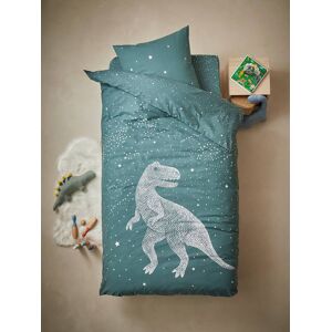 VERTBAUDET Conjunto de funda nórdica + funda de almohada con detalles fluorescentes Star T-Rex verde oscuro liso con motivos