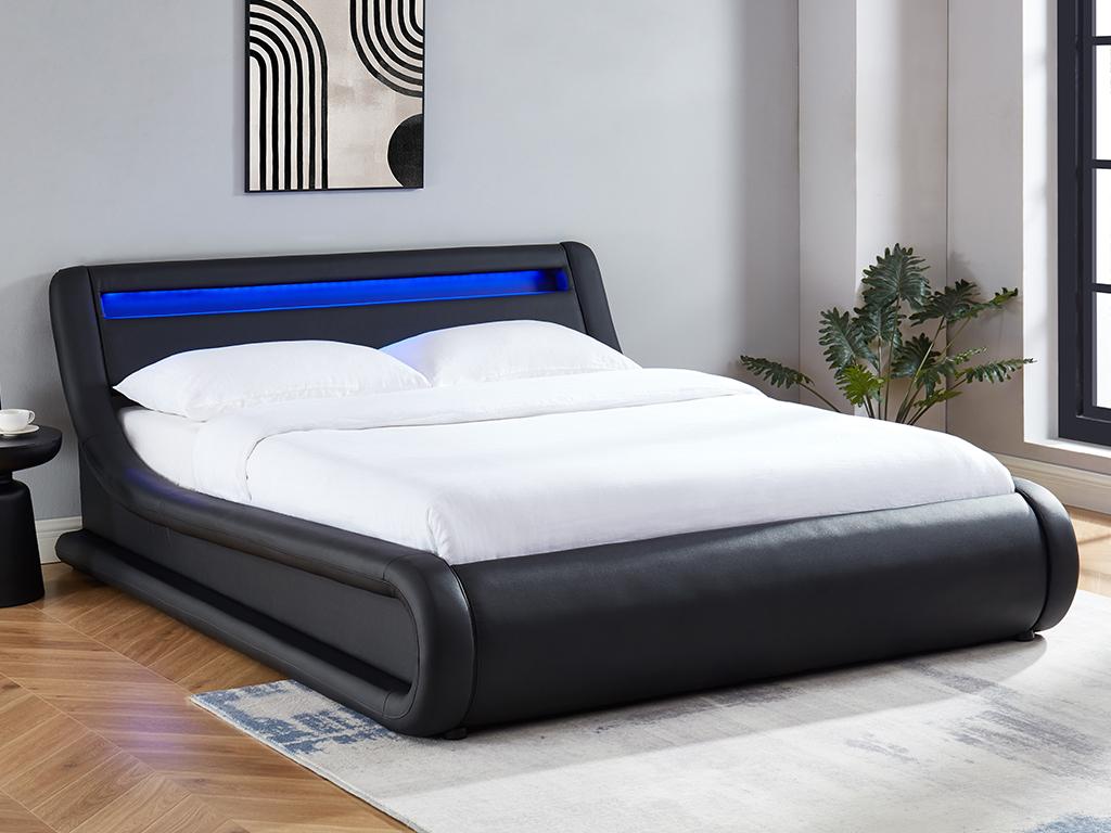 Unique Cama con arcón IRIS - 160x200cm - Piel sintética negra con LEDs