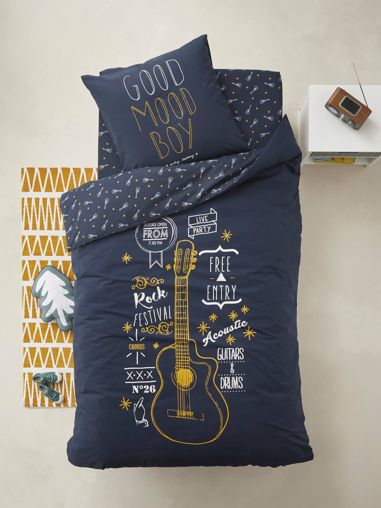 VERTBAUDET Conjunto de funda nórdica + funda de almohada ROCK STAR azul oscuro liso con motivos