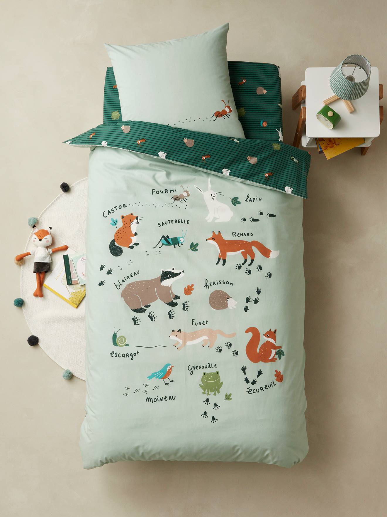 VERTBAUDET Conjunto de funda nórdica + funda de almohada infantil de algodón orgánico* Estudio Animal verde medio liso con motivos