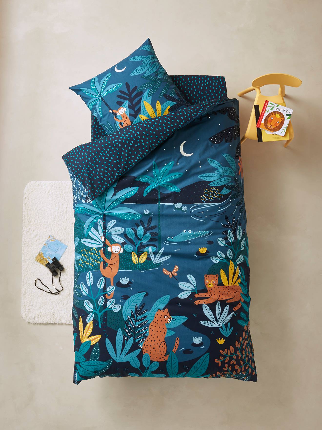 VERTBAUDET Conjunto de funda nórdica + funda de almohada infantil Jungle Night azul oscuro liso con motivos