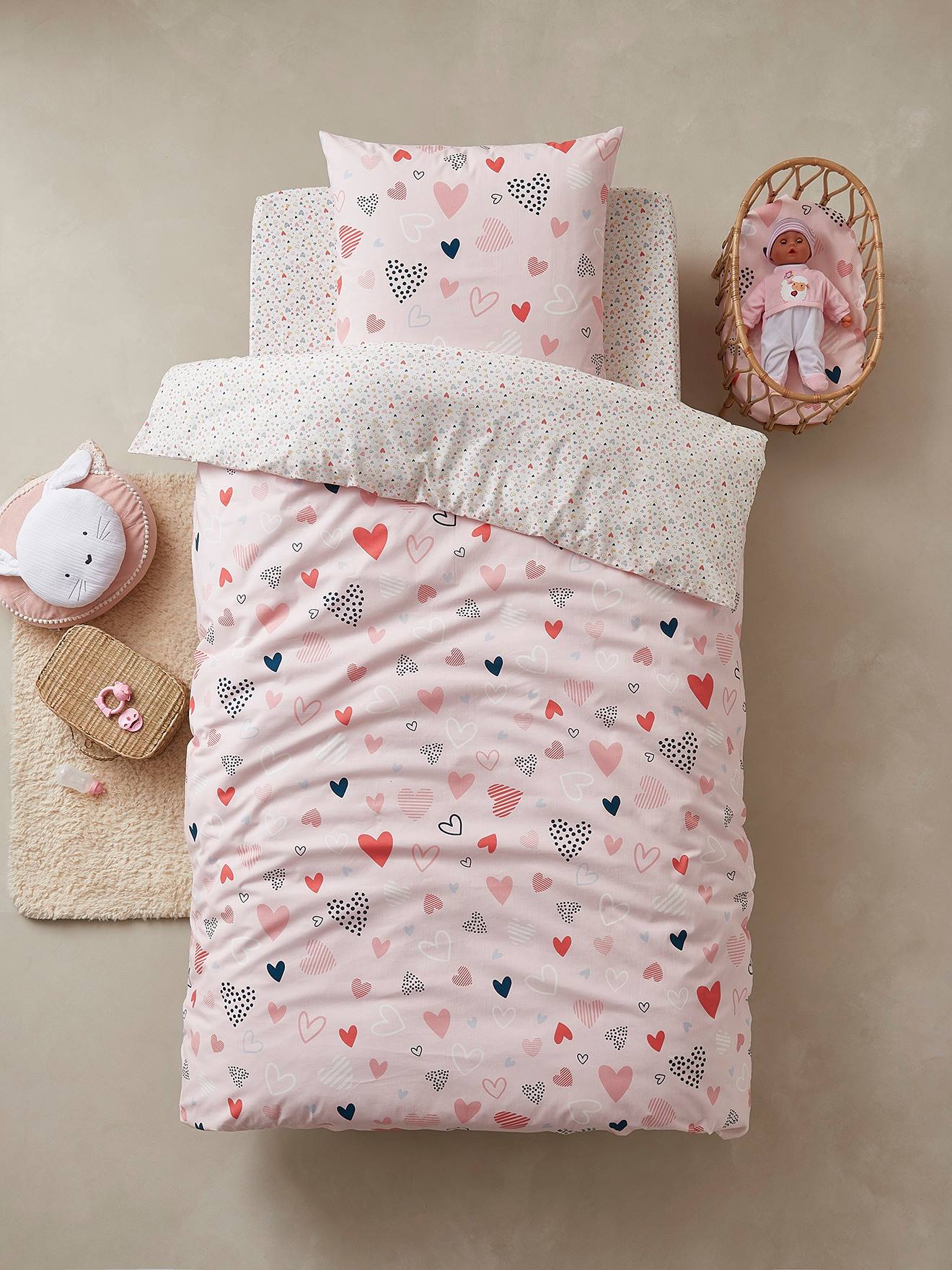 VERTBAUDET Conjunto de funda nórdica + funda de almohada infantil Corazones en Fiesta, Basics rosa claro estampado