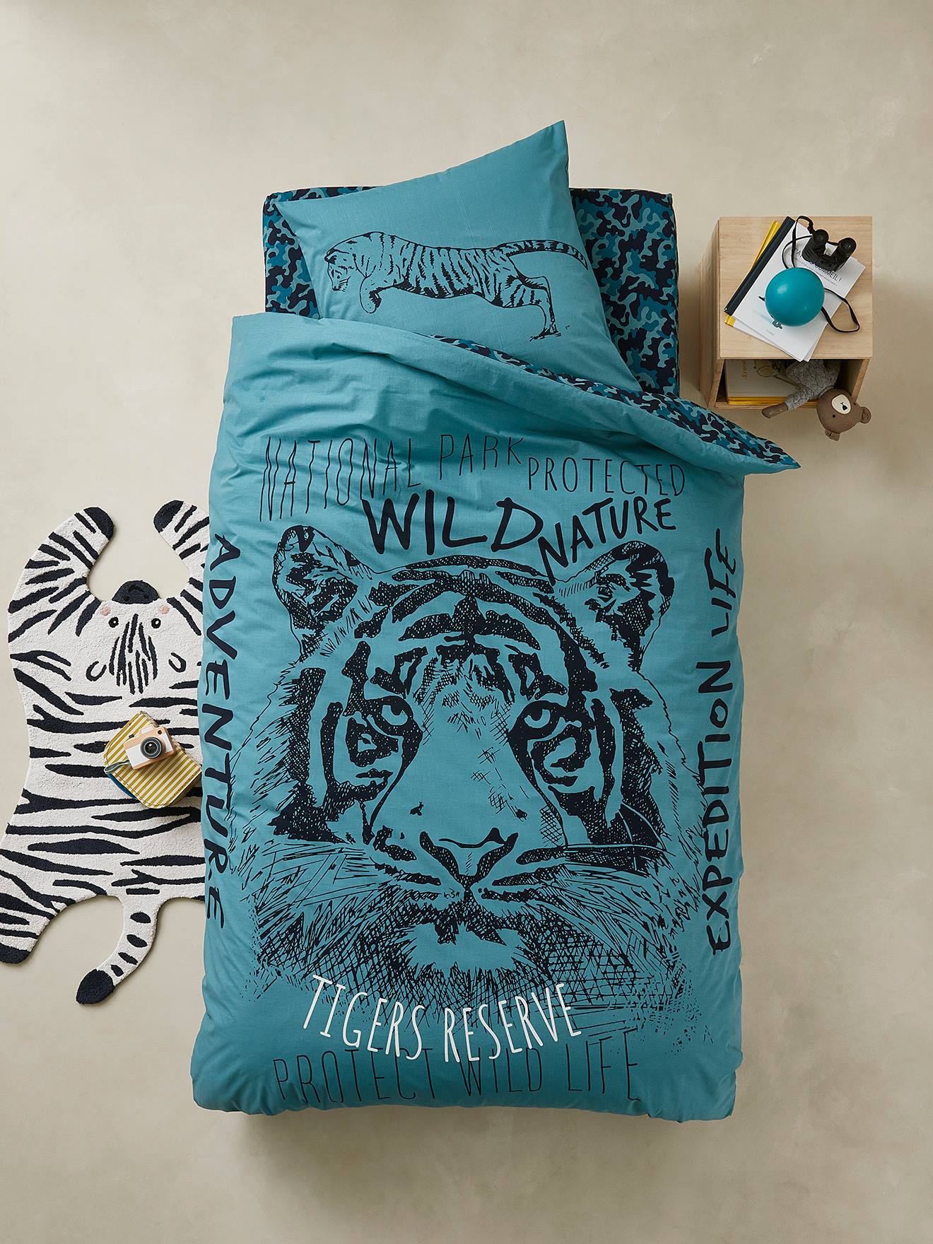 VERTBAUDET Conjunto de funda nórdica + funda de almohada Tiger azul medio liso con motivos