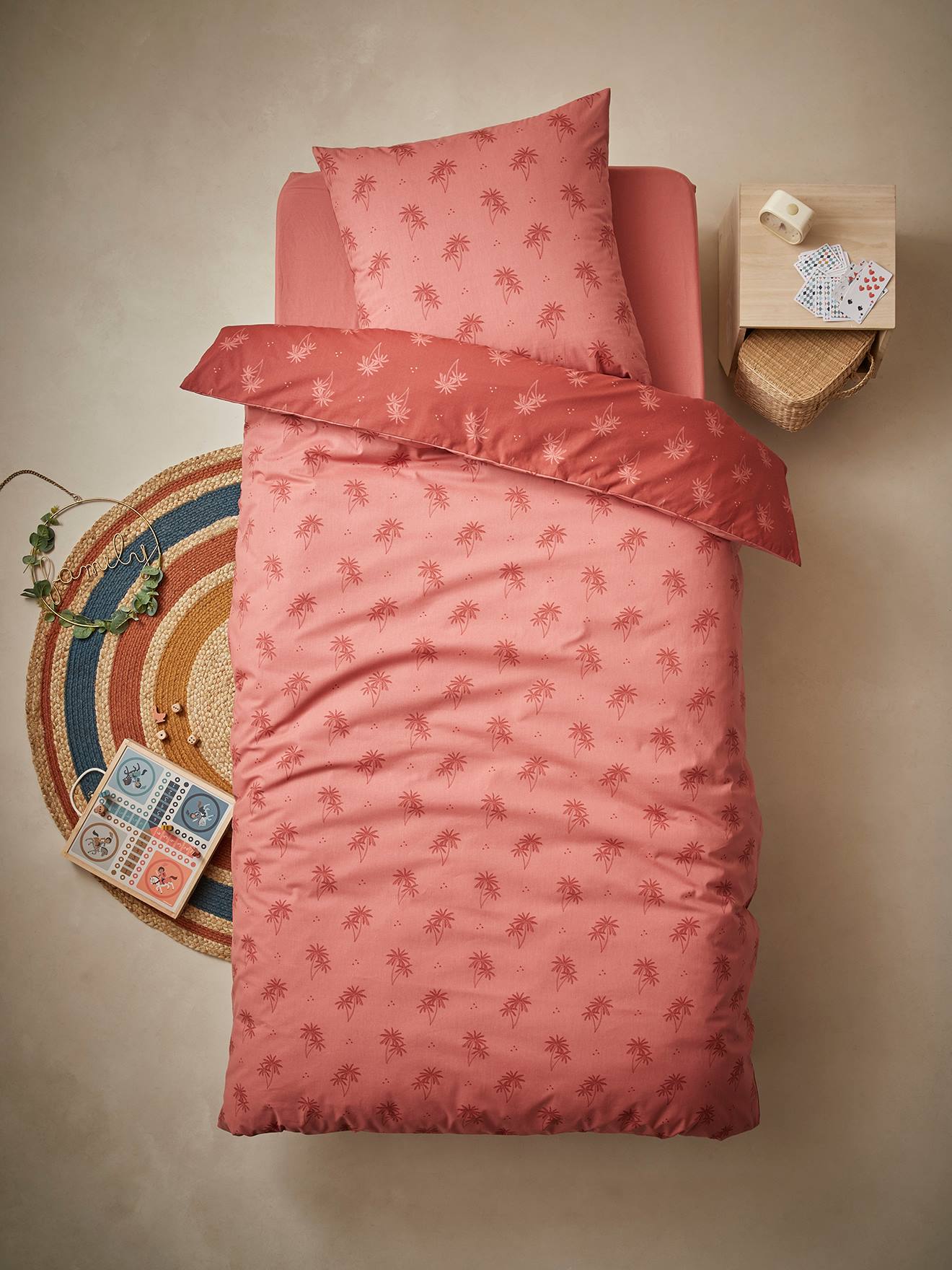 VERTBAUDET Conjunto de funda nórdica + funda de almohada infantil Palmeras rosa medio estampado