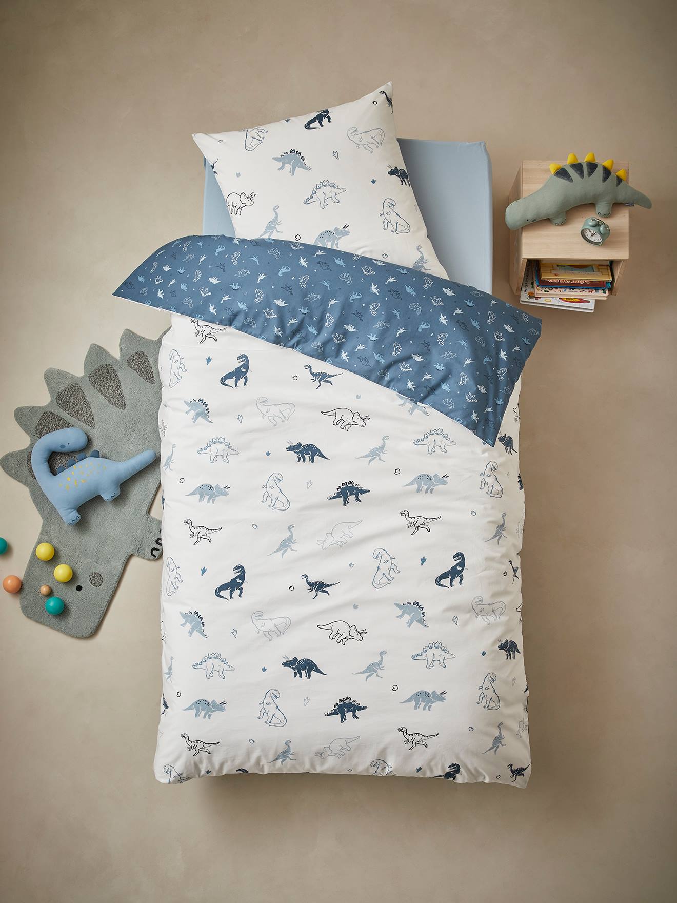 VERTBAUDET Conjunto de cama con funda nórdica + funda de almohada infantil Hello Dinos, Basics blanco claro estampado