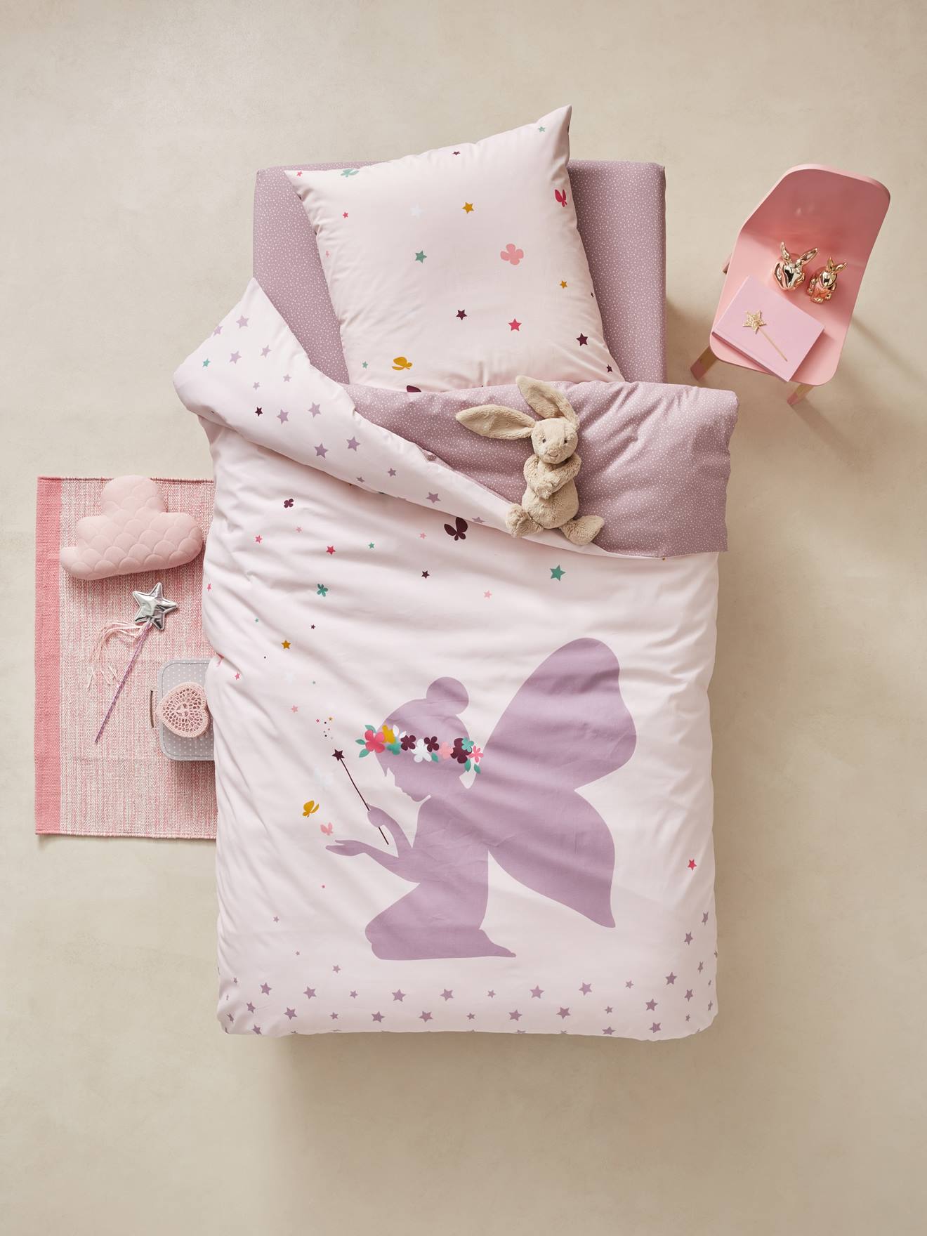 VERTBAUDET Conjunto de funda nórdica + funda de almohada infantil PEQUEÑA HADA violeta estampado