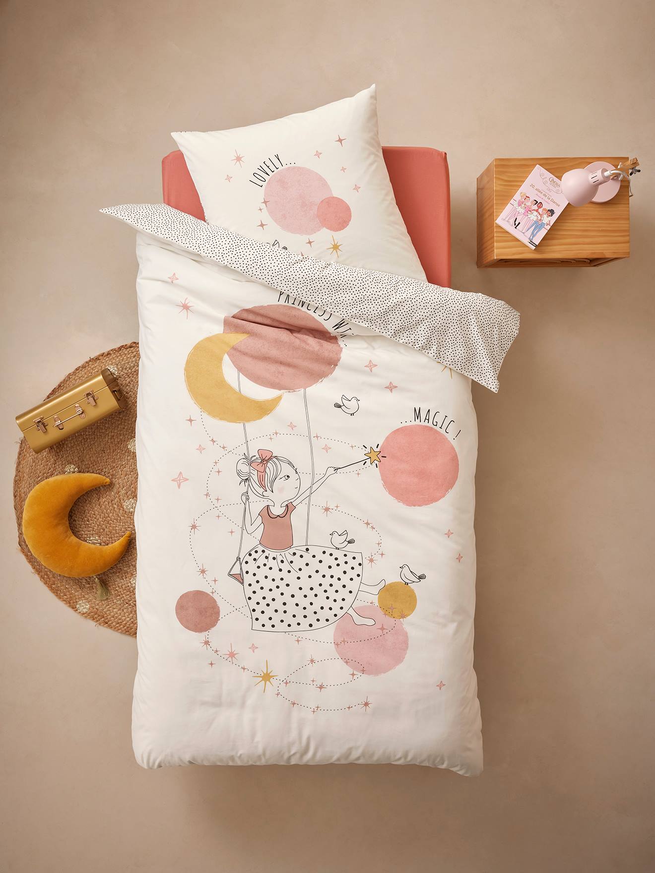 VERTBAUDET Conjunto infantil de funda nórdica + funda de almohada de algodón reciclado - PRINCESA POESÍA blanco estampado