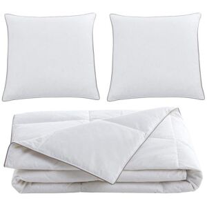 Vente-unique.com Pack couette 220 x 240 cm + 2 oreillers 65 x 65 cm anti-acariens enveloppe 100% percale et garnissage plumettes et duvet - Blanc passepoil taupe - FEATH de PALACIO