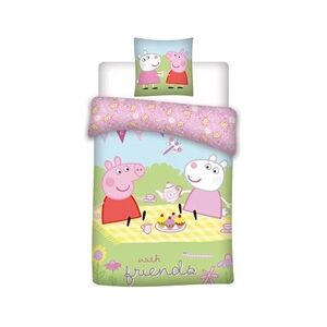 GENERIQUE Peppa Pig Linge de Lit, Linge de Lit pour Enfants / Linge de Lit Bébé ,Peppa Pig avec Amis, Taie D'Oreiller 40x60 + Litterie 100x135cm, 100% Coton - Publicité