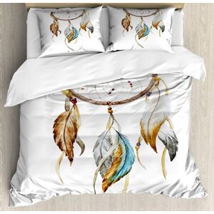 Parure De Lit Avec Housse De Couette En Plumes, Style Aquarelle, Éléments Attrape-Rêves, Parure De Lit Décorative Adc Avec Taies D'oreiller, California King, Marron, Bleu, Gris - Publicité