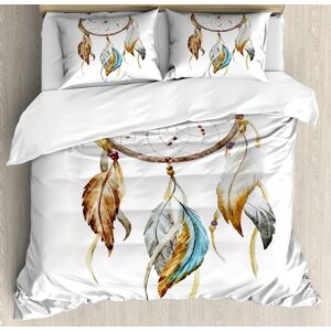 Parure De Lit Avec Housse De Couette En Plumes, Style Aquarelle, Éléments Attrape-Rêves, Parure De Lit Décorative Adc Avec Taies D'oreiller, Taille Queen, Marron, Bleu, Gris - Publicité