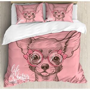 Parure De Lit Avec Housse De Couette Pour Chien, Fille, Chihuahua, Croquis, Mots, Lunettes, Rubans, Chiot, Décoration Adc, Parure De Lit Avec Taies D'oreiller, King Size, Rose Pâ - Publicité