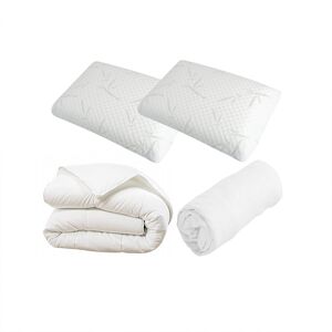 HOMCOM Pack 2 Oreillers mémoire de forme + Protège-matelas coton + couette synthétique 2 personnes pour lit de 140x190cm