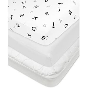 American Baby Company Lot de 2 draps-housses 100 % coton et housse de matelas matelassée imperméable, motif alphabet et blanc, pour garçons et filles - Publicité