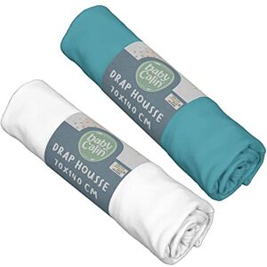 Babycalin Pack de 2 Draps Housse 70 x 140 x 17 cm, Bleu Tropical / Blanc, 70 x 140 cm (Lot de 2) - Publicité