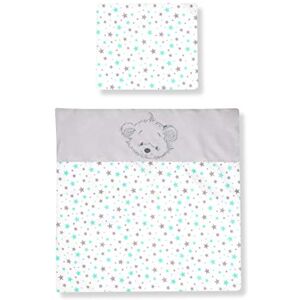 Amilian ® Parure de lit pour bébé avec broderie Parure de lit pour poussette 80 x 80 cm + 35 x 40 cm (petites étoiles turquoise/gris clair avec oursons, 4 pièces) - Publicité