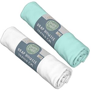 Babycalin Lot de 2 Draps Housse Blanc/Turquoise 70 x 140 cm - Publicité