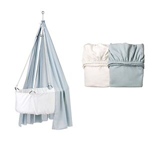 Leander Berceau Blanc avec matelas TRÄUMELAND, crochets de plafond, (voile) Misty Blue, original Lot de 2 draps housse Misty Blue ciel/blanc - Publicité