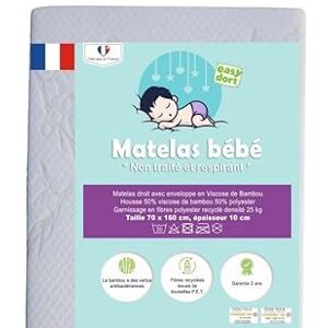 Easy Dort Matelas 70x160 cm Enfant   Matelas Enfant   Fabriqué en France   Anti bactérien   Été & Hiver   Double Face   Très Confortable   Housse en Bambou   Oeko tex®   Blanc - Publicité